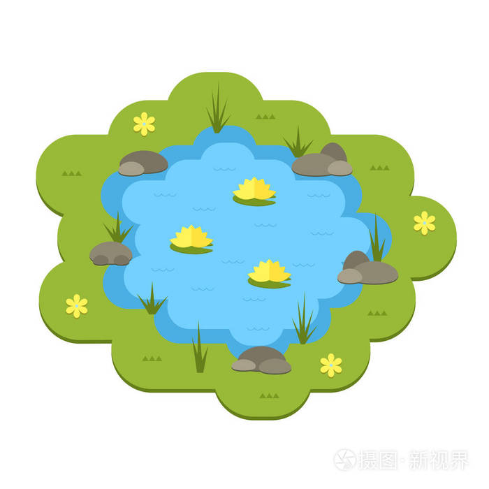 卡通矢量花园池塘插画与水, 植物和动物