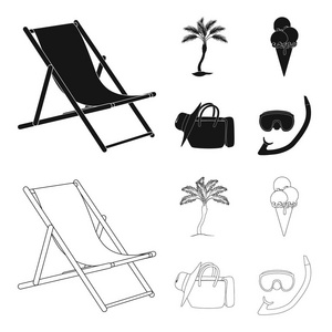 沙滩, 棕榈树, 冰淇淋。夏季假期集图标黑色, 轮廓样式矢量符号股票插画网站