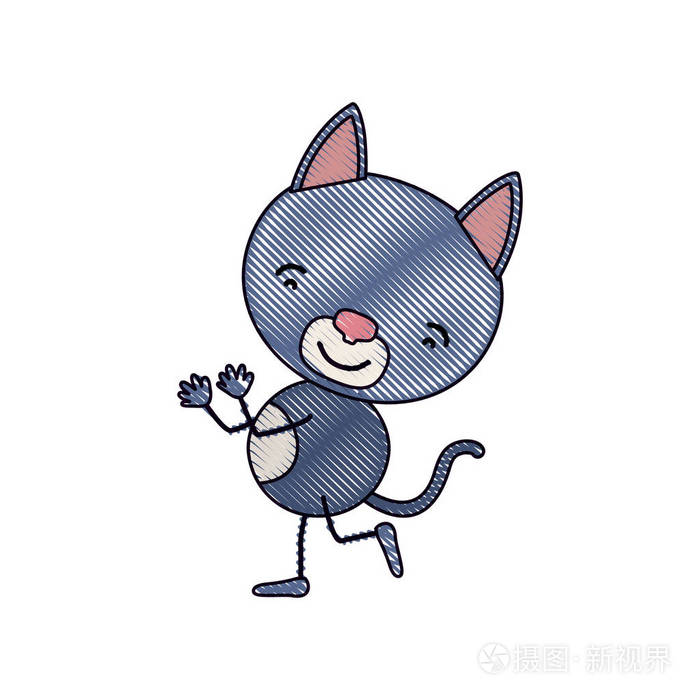 彩色蜡笔剪影漫画与可爱猫咪跳舞