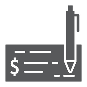 银行支票字形图标, 金融和银行, 支票符号, 矢量图形, 在白色背景上的实体模式, eps 10