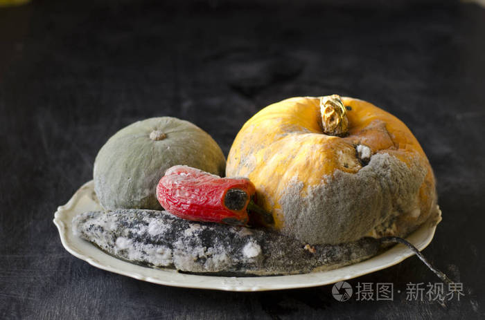 白色陶瓷板材中的各种腐烂蔬菜