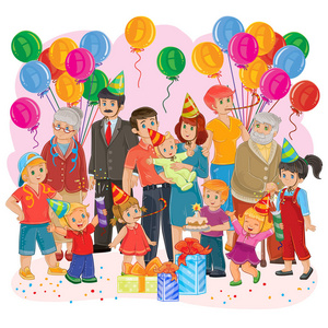 矢量快乐的大家庭一起庆祝生日礼物 气球和蛋糕