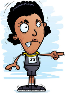 一个黑人女子田径运动员看着愤怒和指向的卡通插图