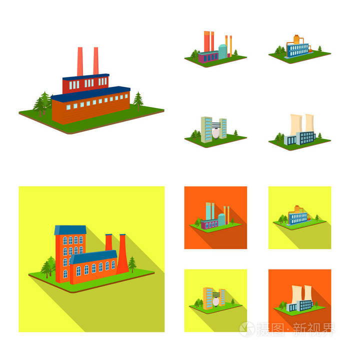 加工厂, 冶金厂.工厂和行业集合图标在卡通, 平面式.