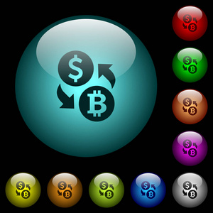 美元比特币货币交换图标在彩色照明球形玻璃按钮黑色背景。可用于黑色或深色模板