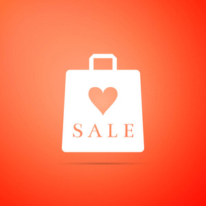购物袋店爱像心脏符号与题字销售图标孤立的橙色背景。平面设计。矢量插图