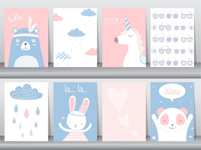 集可爱的小动物海报 模板 卡片 熊 兔子 矢量插图