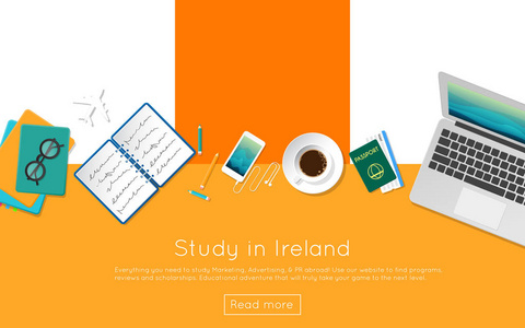 顶视图的笔记本电脑书留学爱尔兰概念为您的 web 横幅或印刷材料和