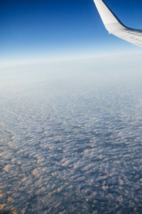 飞机机翼反对云彩和蓝天背景