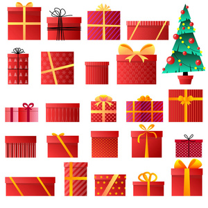 一套不同的礼品盒。圣诞树。矢量插图。圣诞快乐。新年快乐。设计的节日主题。可用作圣诞卡海报横幅镜框。矢量插图