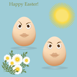 两个鸡蛋花复活节快乐刻字蓝色背景艺术创意矢量设计元素上卡通太阳花束