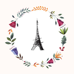 埃菲尔铁塔和巴黎文本在彩色花卉框架上的白色背景, 矢量插图