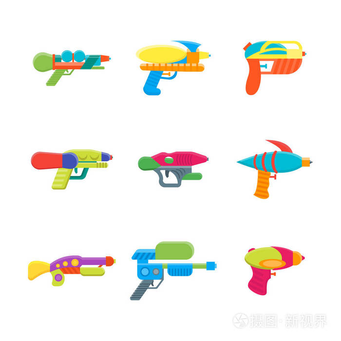 卡通玩具枪水颜色图标集.矢量