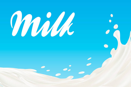 孤立在蓝色的牛奶飞溅矢量插图背景。与白色乳状液体流量下降。乳制品。3d 图