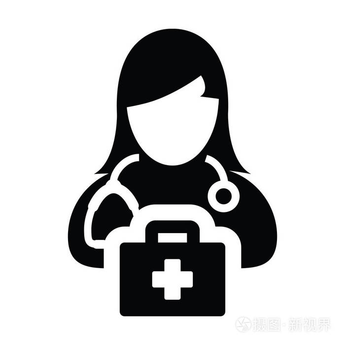 医疗保健图标矢量女性医生人物头像与听诊器和急救包袋为医学咨询在