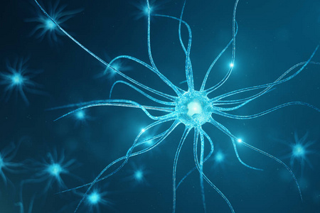 具有发光链结的神经元细胞的概念说明。传递电子化学信号的突触和神经元细胞。电脉冲互联神经元神经元, 3d 图示