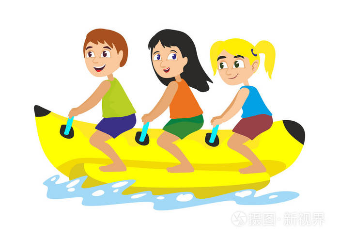 香蕉船水极限运动,隔离夏天度假活动概念,卡通波冲浪