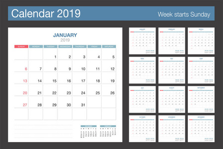 2019日历。台历现代设计模板。星期日开始一周。矢量插图