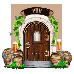 老木门到酒吧与木桶和啤酒。彩色矢量插图
