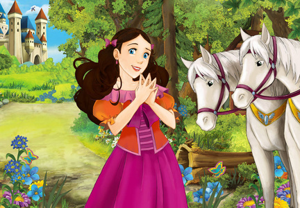 卡通场面与一些美丽的女孩在森林木小屋白色马在后面例证为孩子