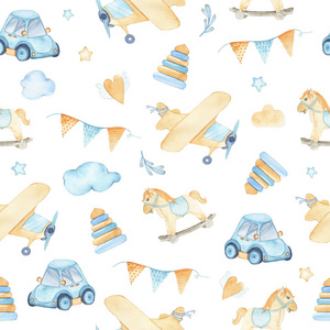 水彩无缝图案与男孩玩具汽车飞机金字塔旗子摇摆马云彩隔绝在白色背景。儿童玩具插画