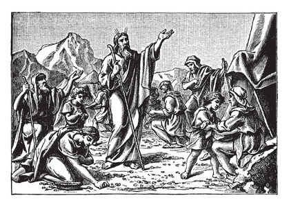 摩西在旷野的以色列人中间站着的一幅古图, 因为他们收集了神送的甘露给他们吃。人们可以看到男人, 妇女和儿童收集的甘露, 复古线画