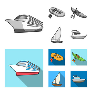 一艘橡皮渔船, 一只划着桨的独木舟, 一条钓鱼帆船, 一辆摩托游艇。船舶和水运集合图标在单色, 平面式矢量符号股票插画网站