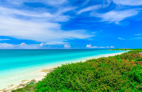 美丽 令人惊叹观热带的白色沙滩和绿松石的宁静温柔海洋，阳光灿烂的夏天一天与魔法深 蓝蓝天背景