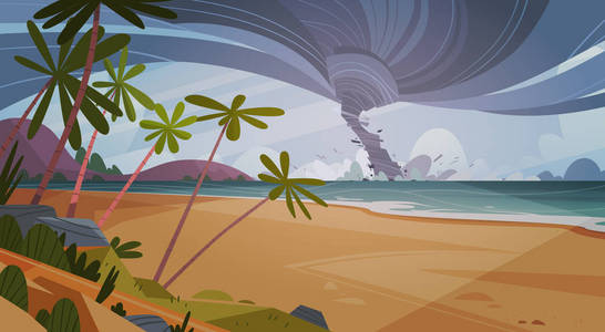 从海洋海滩景观的风暴出现的水龙卷费尔托斯特自然灾害概念的海上飓风龙卷风传入