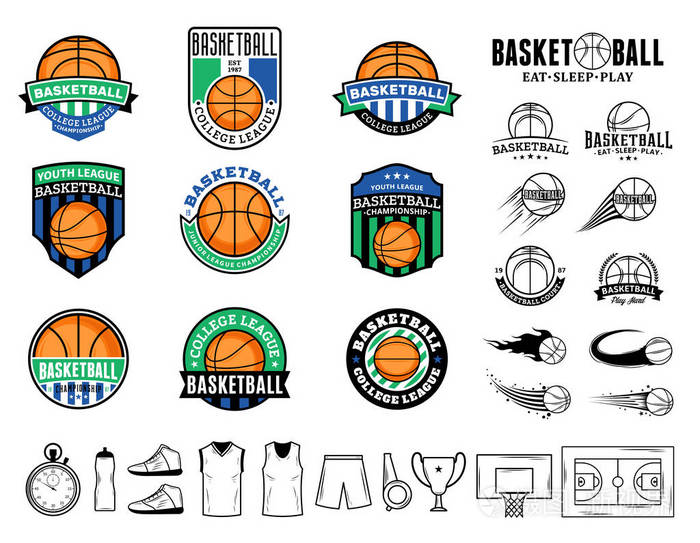 一套矢量篮球标志, 标志和图标为运动队, 锦标赛和组织
