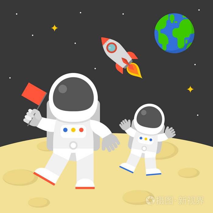 宇航员举行红旗走在月球表面与飞行火箭在太空和地球全球背景下,平面