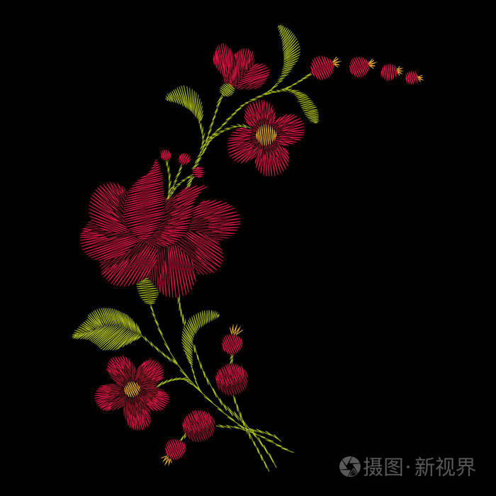 传统民间时尚时尚花卉刺绣黑色背景上.