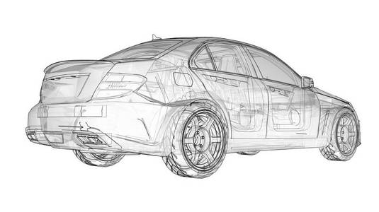 透明超快跑车在白色背景上划定线条。车身形状轿车。调整是一个普通的家庭汽车的版本。3d 渲染