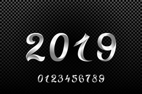 2019白色新年标志与闪光和装载面板在黑色背景。矢量插图。艺术