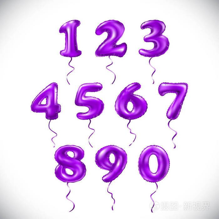 矢量粉红色紫色数字 1, 2, 3, 4, 5, 6, 7, 8, 9, 0 金属气球.