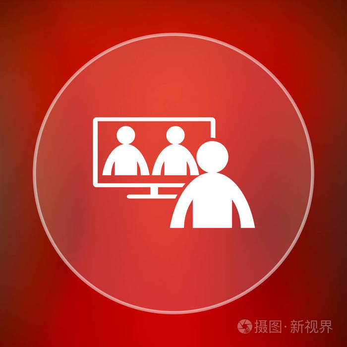 视频会议, 在线会议图标.红色背景上的互联网按钮