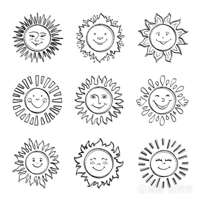 素描太阳孩子画, 手绘阳光图标, 涂鸦太阳