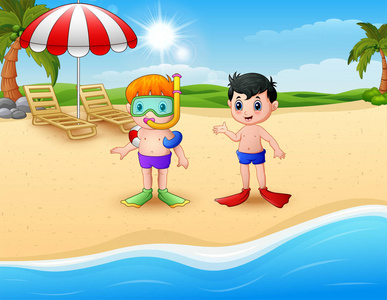 浮潜的孩子站在海滩上