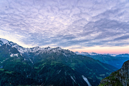 美丽的风景风景在瑞士阿尔卑斯。在瑞士春季的背景下, 新鲜的绿色草地和积雪覆盖的山峰顶部