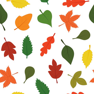 你好, 秋天。色彩鲜艳的背景设计, 以平面风格印刷。网页横幅图案为矢量叶, 呈橙色黄色绿色红色。9月十月11月