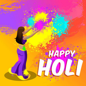 等距的春节, 色彩的节日, 美丽的印度女人投下了彩色的 prosy, 明亮美丽的背景与刻字