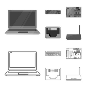 键盘路由器主板和连接器。个人计算机集图标的轮廓, 单色样式矢量符号股票插画网
