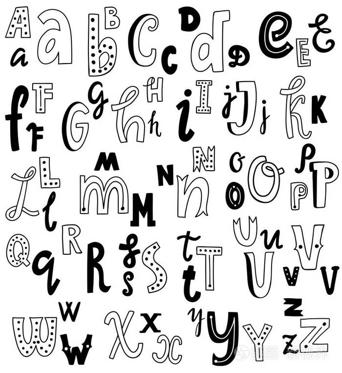 可爱英文手写字母,老式矢量字体.小写和大写的字母,好