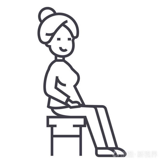 女人坐在椅子上矢量线图标, 标志, 插图背景,可编辑笔触插画-正版商用