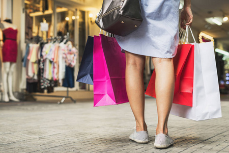 购物袋的年轻妇女在商店散步和购物, 妇女生活方式概念