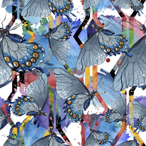 奇特的蝴蝶在水彩风格的野生昆虫。无缝的背景图案。织物墙纸打印纹理。水彩画的背景, 质地, 包装图案或纹身的野生昆虫