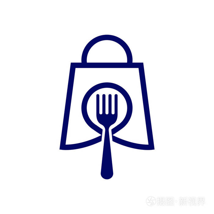 食品店徽标图标矢量.货叉和袋店线徽标