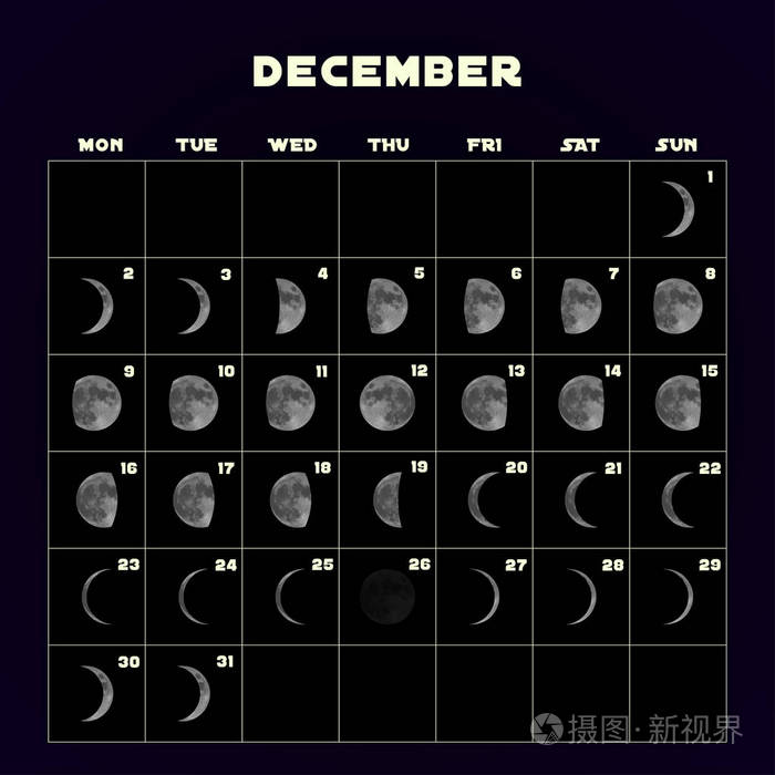 月亮阶段日历为2019与现实月亮.十二月.向量