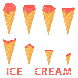 在华夫饼锥上的天然樱桃冰淇淋的矢量插图。冰淇淋模式包括甜冷冰淇淋, 美味的冷冻甜点。樱桃在晶圆锥中的鲜果各式各样