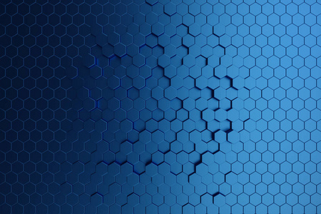 3d 插图抽象的深蓝色的未来表面六边形图案。蓝色几何六角抽象背景